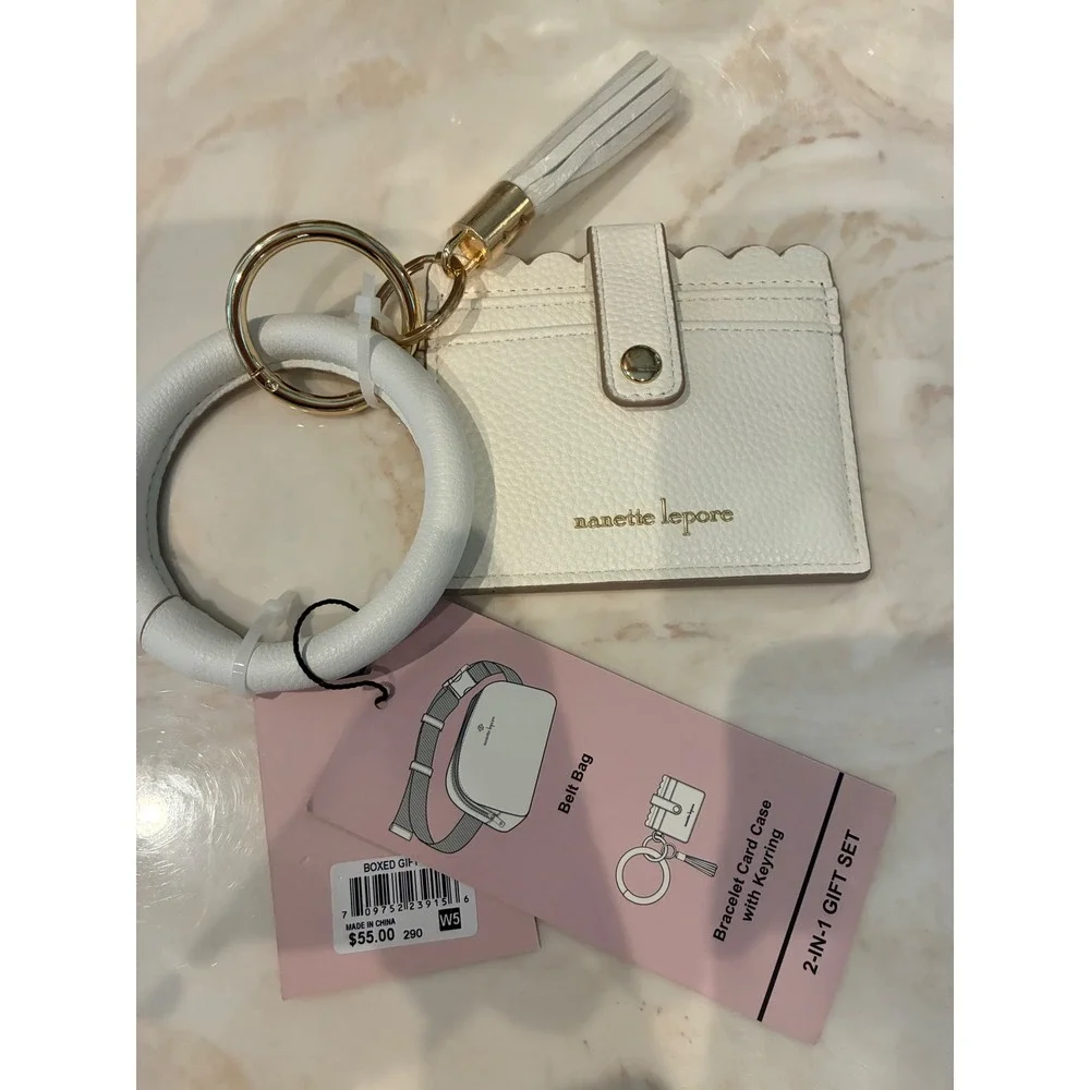Nanette Lepore Card Holder Wristlet key chain cream New